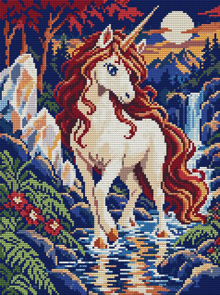 Unicorn at the Crystal Ford, 30x40 cm diamond painting – full design preview without the close-up inset