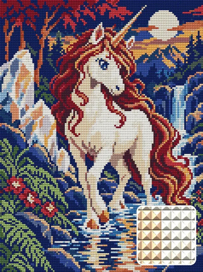Unicorn at the Crystal Ford, 30x40 cm diamond painting – finished design preview with a close-up of square drills