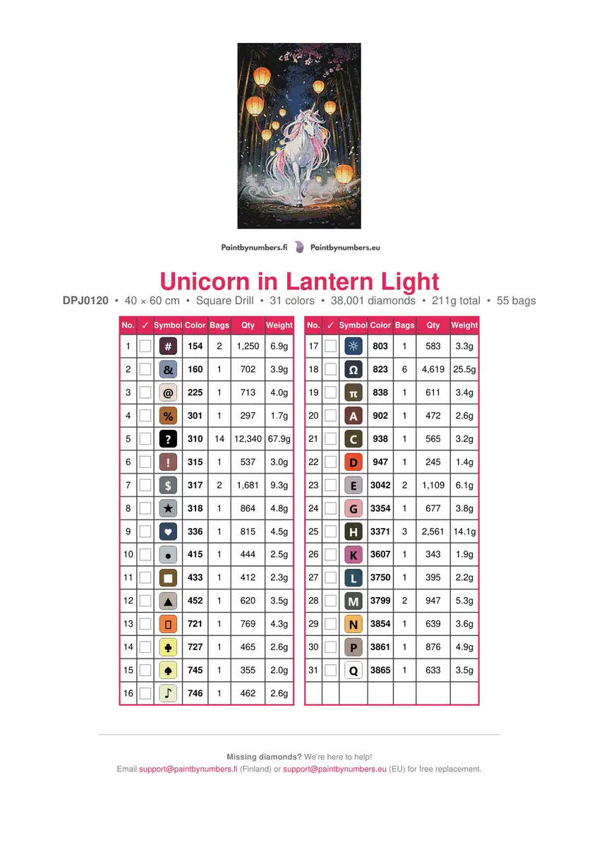 Unicorn in Lantern Light diamond painting color chart – 31 DMC colors