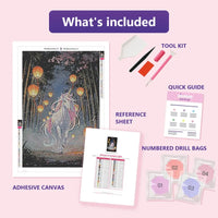 Thumbnail for Unicorn in Lantern Light 40x60cm diamond painting kit contents: adhesive canvas, color chart, tools and diamond bags