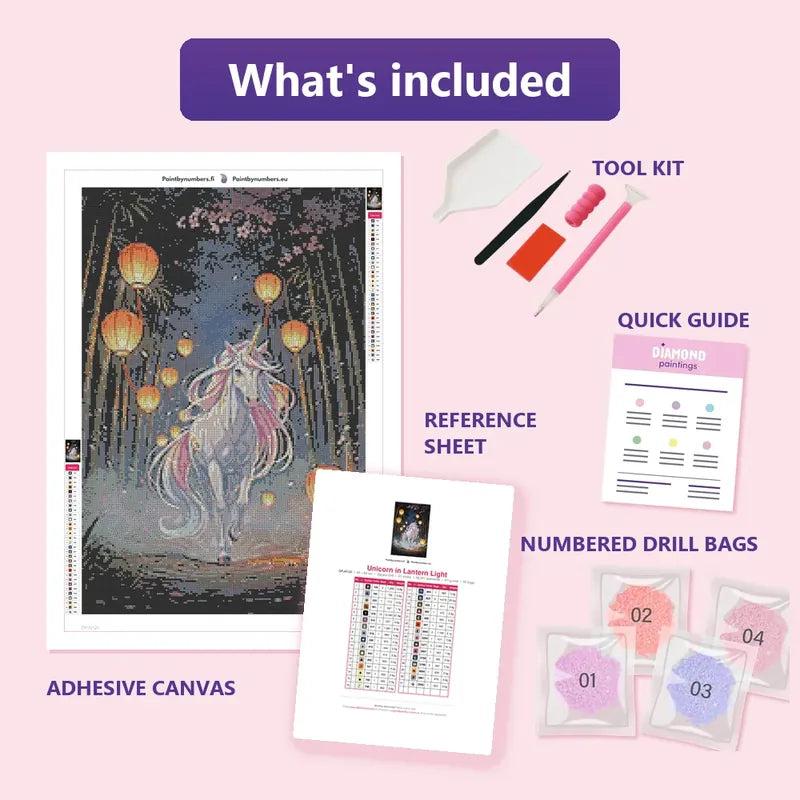 Unicorn in Lantern Light 40x60cm diamond painting kit contents: adhesive canvas, color chart, tools and diamond bags