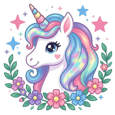 Diamond Painting of a unicorn with rainbow mane, pastel flowers, and stars.