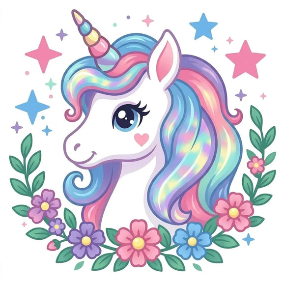 Diamond Painting of a unicorn with rainbow mane, pastel flowers, and stars.