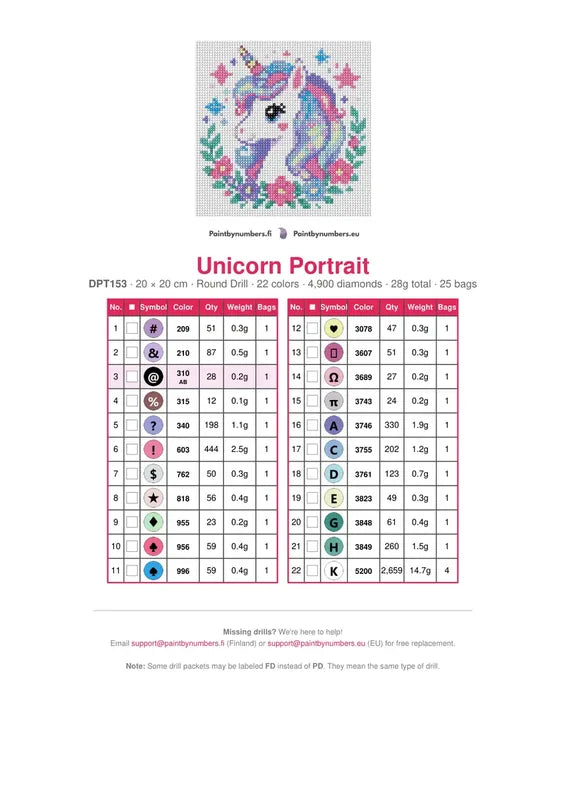 DMC color chart for Unicorn Portrait diamond painting - 22 colors