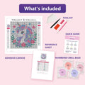 Thumbnail for Unicorn Portrait 20x20cm diamond painting kit contents: adhesive canvas, color chart, tools and diamond bags