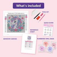 Thumbnail for Unicorn Portrait 20x20cm diamond painting kit contents: adhesive canvas, color chart, tools and diamond bags