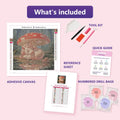 Thumbnail for Unicorn Under Toadstool 30x30cm diamond painting kit contents: adhesive canvas, color chart, tools and diamond bags