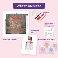 Thumbnail for Unicorn Under Toadstool 30x30cm diamond painting kit contents: adhesive canvas, color chart, tools and diamond bags