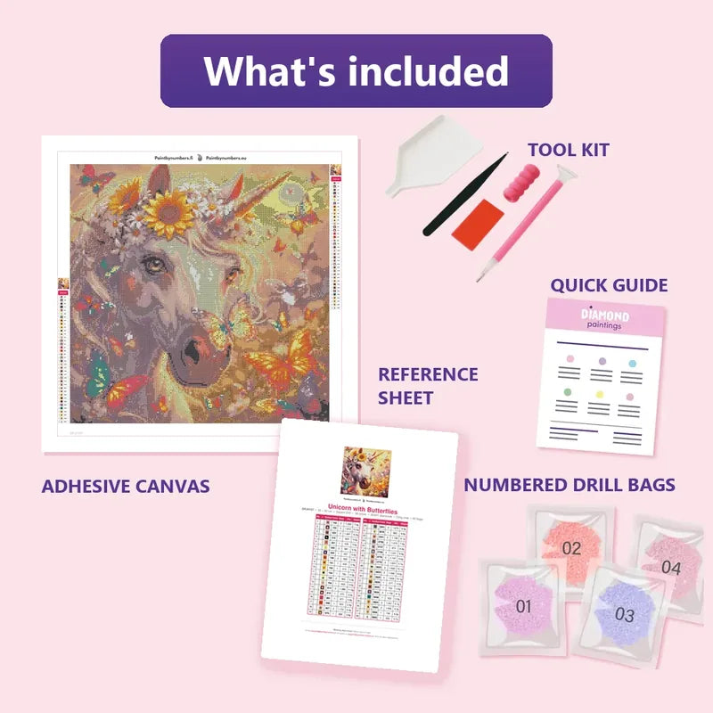Unicorn with Butterflies 50x50cm diamond painting kit contents: adhesive canvas, color chart, tools and diamond bags