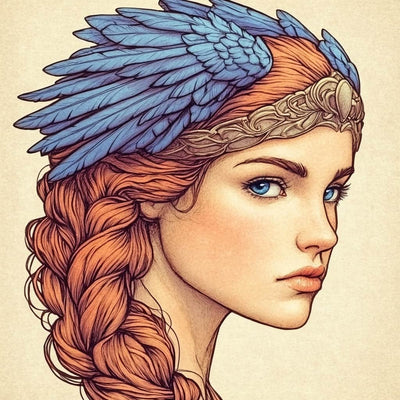 Valkyrie diamond painting: fantasy portrait with red braids and winged Norse helmet