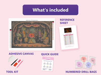 Thumbnail for What is included in the Vegetable Orchestra diamond painting kit - adhesive canvas, reference sheet, tools and numbered drill bags
