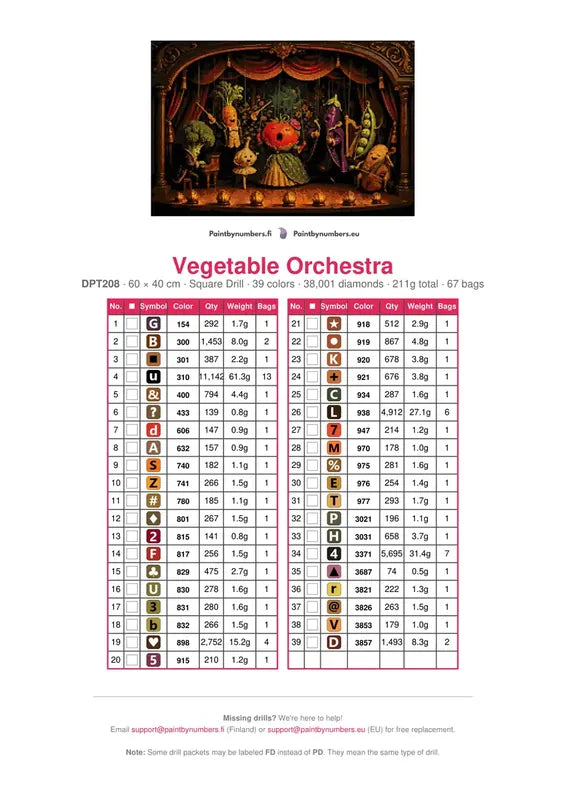 DMC color chart for Vegetable Orchestra diamond painting - 39 colors