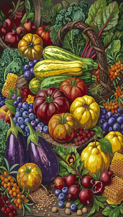 Vegetables and fruit in a basket Paint By Numbers. Plenty of colors.
