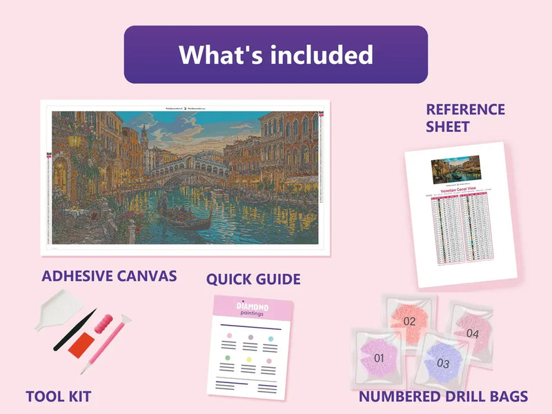 Venetian Canal View 120x60cm diamond painting kit contents: adhesive canvas, color chart, tools, and diamond bags