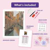 Thumbnail for The Narrow Bridge 60x80cm diamond painting kit contents: adhesive canvas, color chart, tools and diamond bags