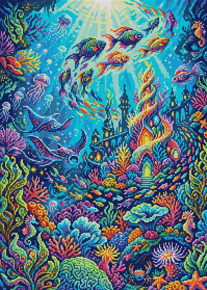 Vibrant Underwater Fantasy World, 50x70 cm diamond painting – full design preview without the close-up inset