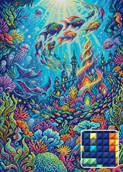 Vibrant Underwater Fantasy World, 50x70 cm diamond painting – finished design preview with a close-up of square drills