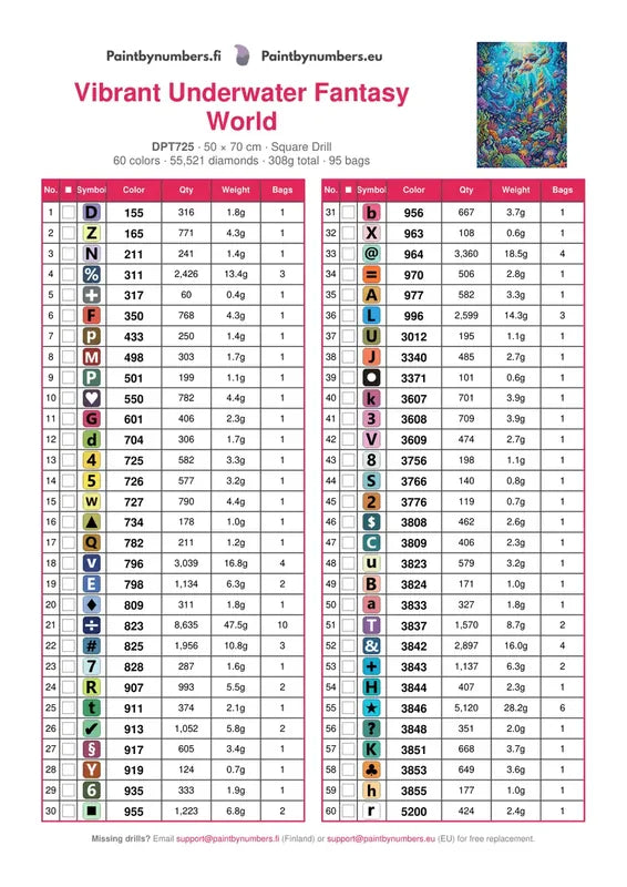 DMC color chart for Vibrant Underwater Fantasy World diamond painting - 60 colors