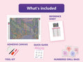 Thumbnail for What is included in the Victoria Street Market Morning diamond painting kit - adhesive canvas, reference sheet, tools and numbered drill bags