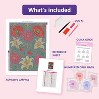 Thumbnail for What is included in the Victorian Botanical diamond painting kit - adhesive canvas, reference sheet, tools and numbered drill bags