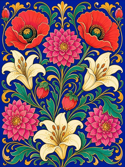 Diamond Painting featuring baroque-style bouquet with red poppies, lilies, and dahlias.