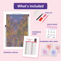 Thumbnail for What is included in the Victorian Christmas Street Festival diamond painting kit - adhesive canvas, reference sheet, tools and numbered drill bags