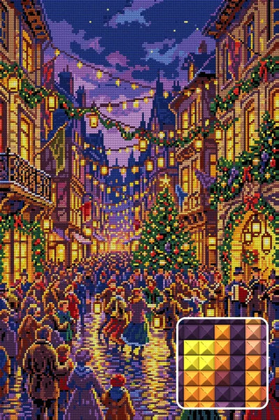 Victorian Christmas Street Festival, 40x60 cm diamond painting – finished design preview with a close-up of square drills