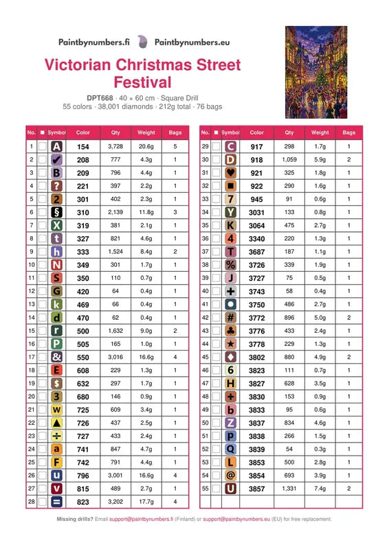 DMC color chart for Victorian Christmas Street Festival diamond painting - 55 colors