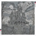 Thumbnail for Diamond painting adhesive canvas preview - Victorian Mansion with Bats in Black and White