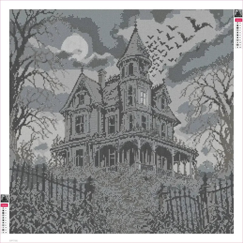 Diamond painting adhesive canvas preview - Victorian Mansion with Bats in Black and White