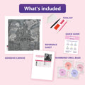 Thumbnail for What is included in the Victorian Mansion with Bats in Black and White diamond painting kit - adhesive canvas, reference sheet, tools and numbered drill bags