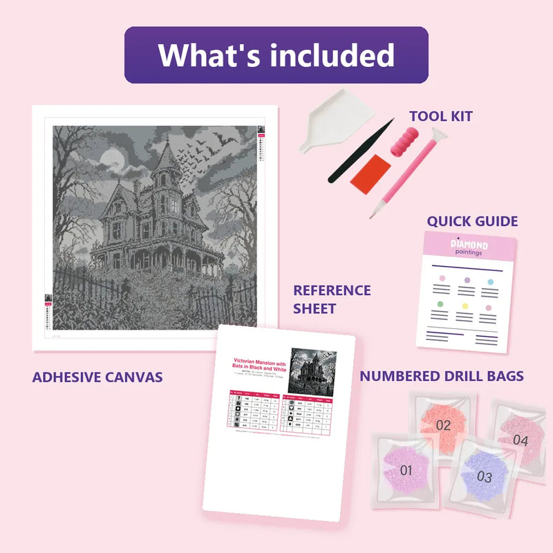 What is included in the Victorian Mansion with Bats in Black and White diamond painting kit - adhesive canvas, reference sheet, tools and numbered drill bags