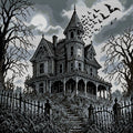 Thumbnail for black-and-white Victorian haunted mansion with bats, 60x60 cm diamond painting – full design preview