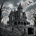 Thumbnail for black-and-white Victorian haunted mansion with bats, 60x60 cm diamond painting – design and close-up of square drills