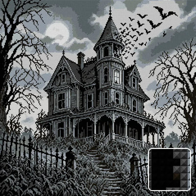 black-and-white Victorian haunted mansion with bats, 60x60 cm diamond painting – design and close-up of square drills