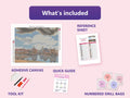 Thumbnail for What is included in the View of Delft by Vermeer diamond painting kit - adhesive canvas, reference sheet, tools and numbered drill bags