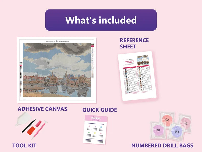 What is included in the View of Delft by Vermeer diamond painting kit - adhesive canvas, reference sheet, tools and numbered drill bags