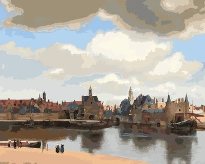 Paint by numbers of Vermeer's View of Delft: town houses and towers beyond a canal under a cloudy sky.