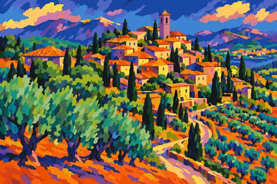 Italian hill village and olive trees paint by numbers