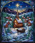 Thumbnail for Diamond Painting of a winter village, church, horse-drawn sleigh, and snowy landscape.