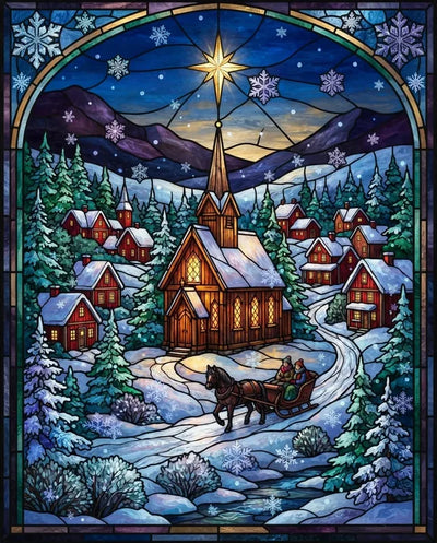 Diamond Painting of a winter village, church, horse-drawn sleigh, and snowy landscape.