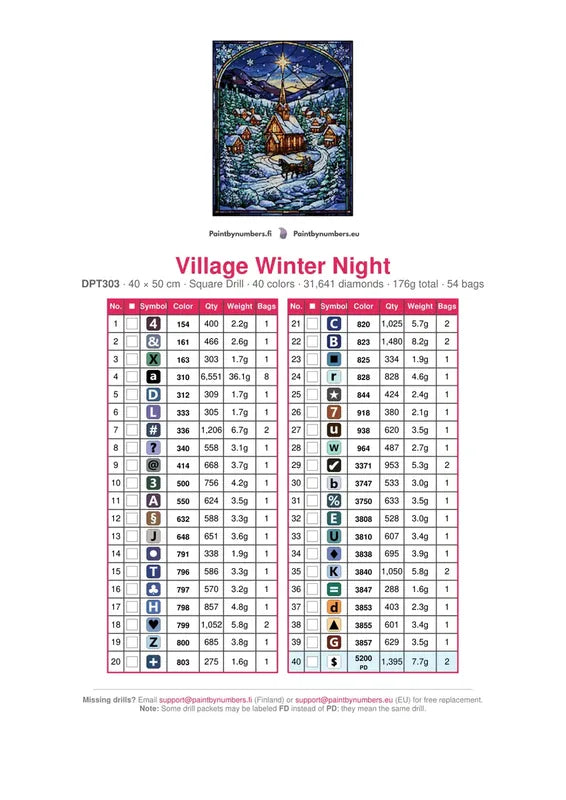 DMC color chart for Village Winter Night diamond painting - 40 colors