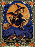 Thumbnail for vintage postcard style witch flying on a broom over a village, 30x40 cm diamond painting – full design preview