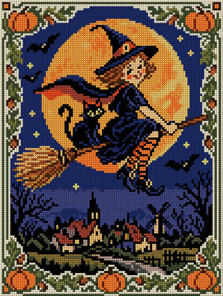 vintage postcard style witch flying on a broom over a village, 30x40 cm diamond painting – full design preview