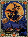 Thumbnail for vintage postcard style witch flying on a broom over a…, 30x40 cm diamond painting – design and close-up of round drills