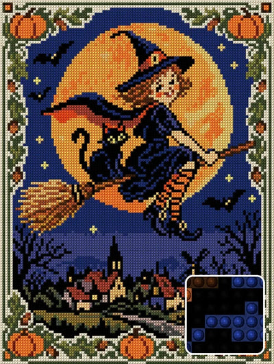 vintage postcard style witch flying on a broom over a…, 30x40 cm diamond painting – design and close-up of round drills