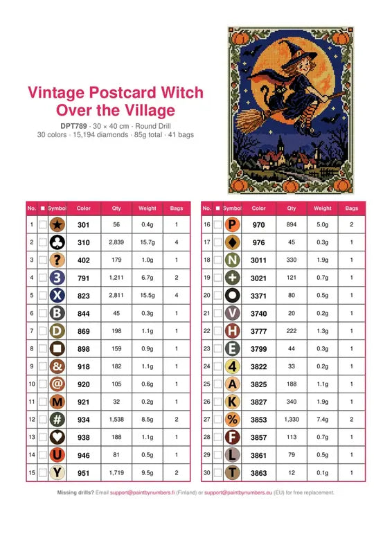 DMC color chart for Vintage Postcard Witch Over the Village diamond painting - 30 colors