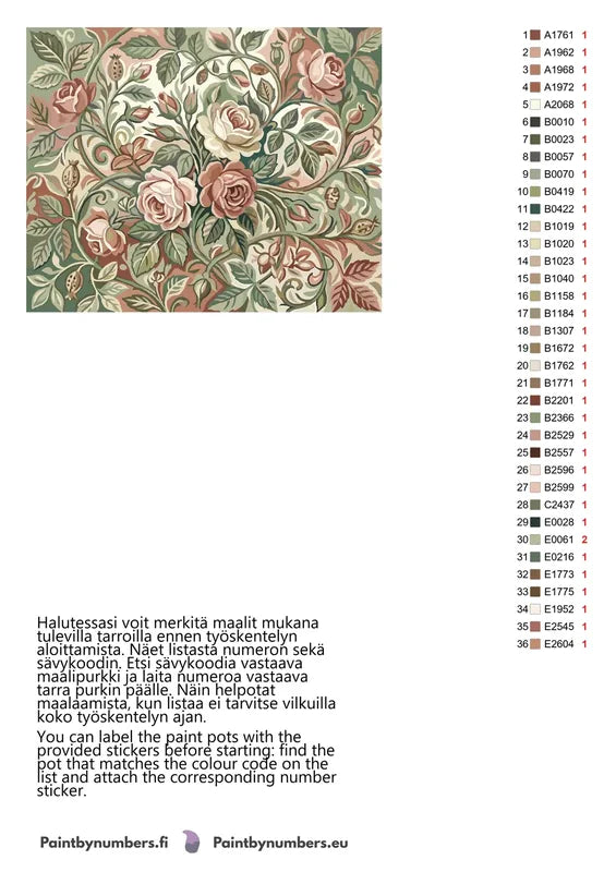 Color chart and instructions - Vintage Roses and Leaves 50x40cm