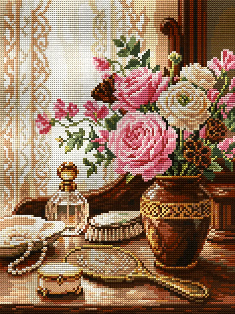 Vintage Vanity Floral Still Life, 30x40 cm diamond painting – full design preview without the close-up inset