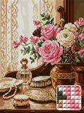 Thumbnail for Vintage Vanity Floral Still Life, 30x40 cm diamond painting – finished design preview with a close-up of square drills